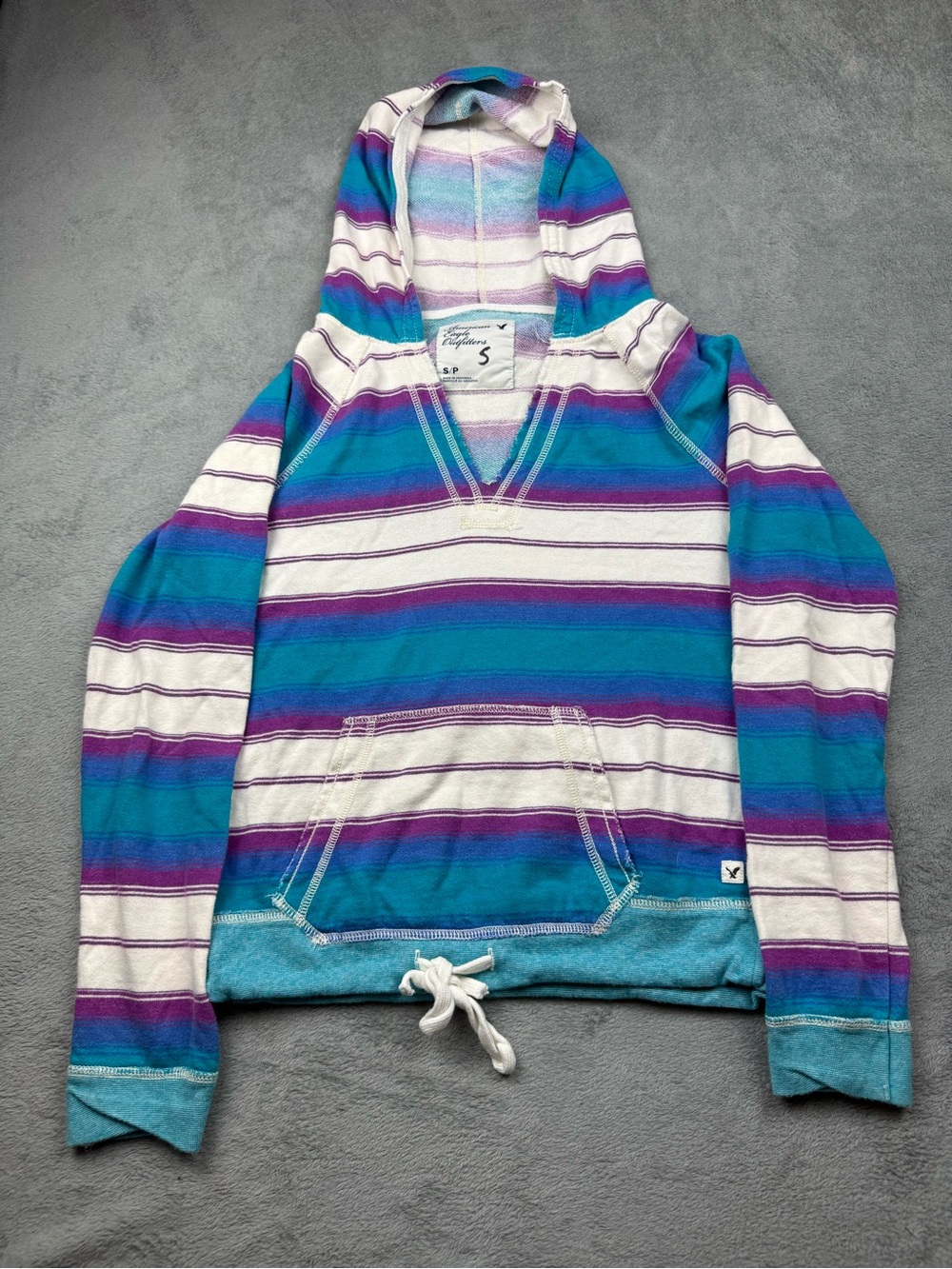 American Eagle Striped Hoodie Size S Teal Purple White V-Neck Pullover Y2K Boho